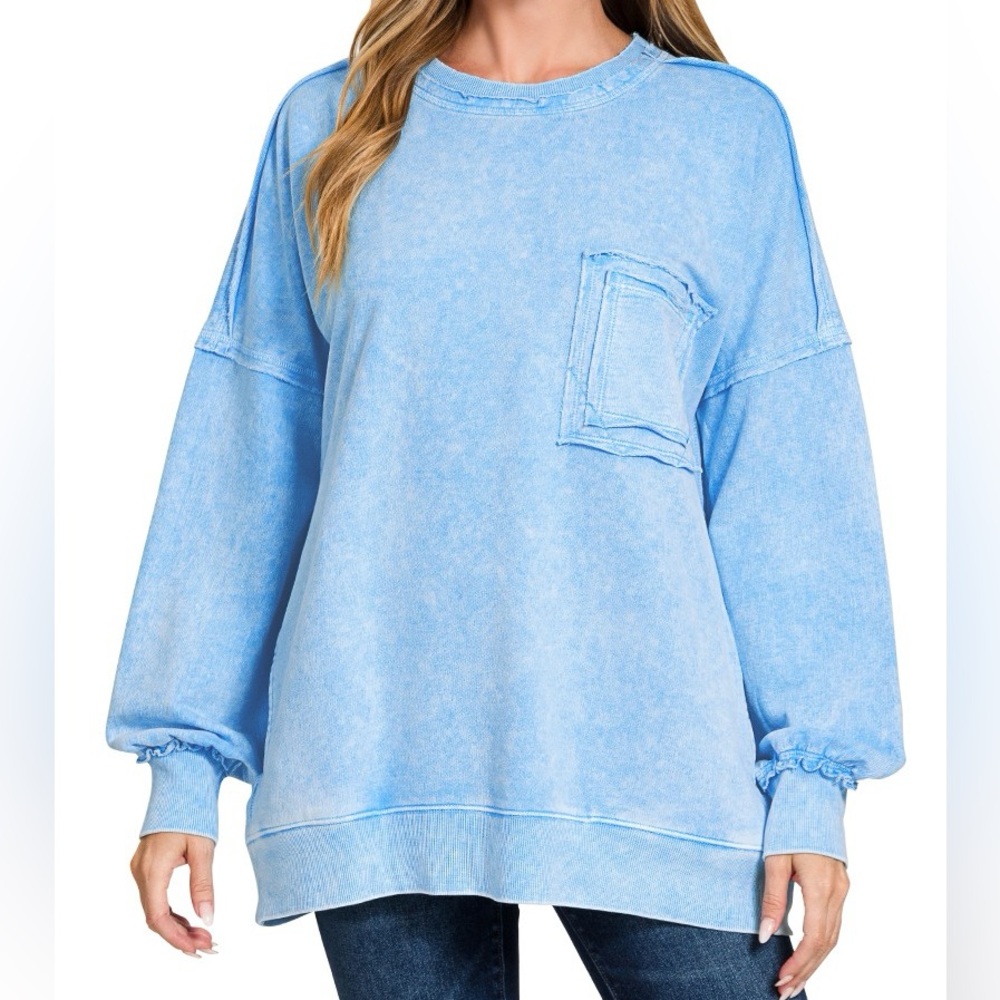 NWT Zenana Sky Blue Acid Wash French Terry Oversized Crewneck Sweatshirt